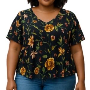 George Floral Print Short Raw Hem Sleeve V-Neck Top Stretch Plus Size 3X
